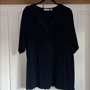 Susan Graver Black Short-Sleeve V-Neck Top with Beaded Trim